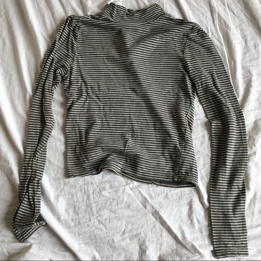 grey striped mock neck top